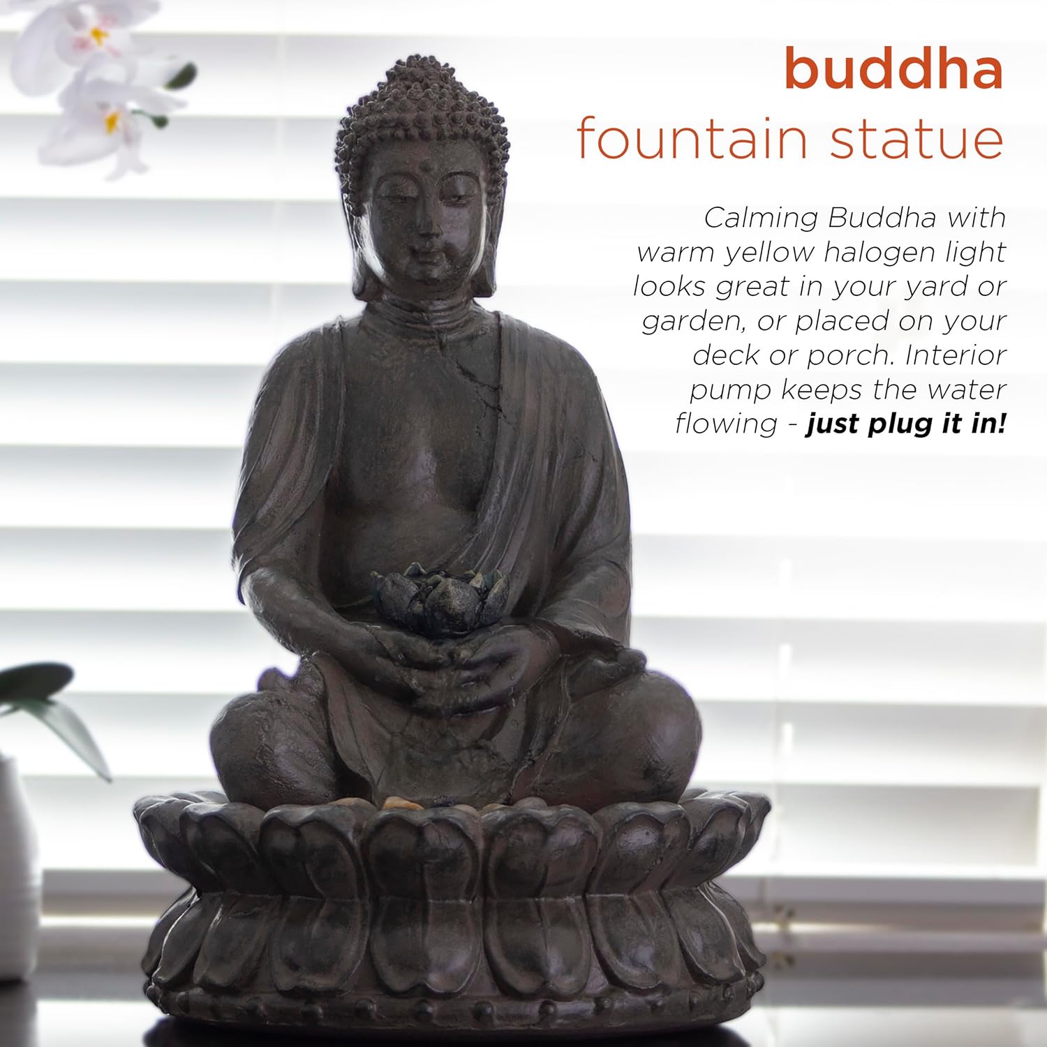 Alpine Corporation GEM178 Indoor Tabletop Meditating Buddha Water Fountain with LED Lights and Lotus Flower, 19', Beige