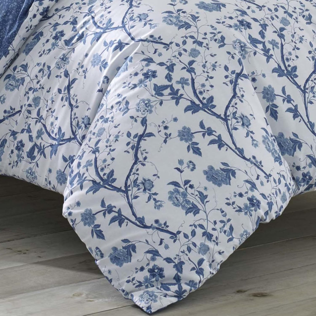 Laura Ashley Home - Twin Comforter Set, Reversible Cotton Bedding, Includes Matching Sham with Bonus Euro Sham & Throw Pillows (Elise Blue, Twin)