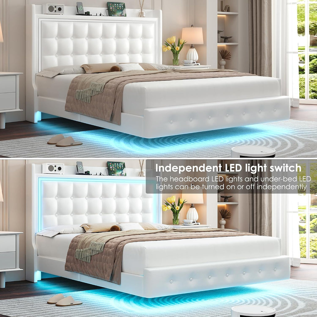 Keyluv Upholstered Queen Floating Bed Frame with LED Lights and Charging Station, Pu Leather Platform Bed with Button Tufted Storage Headboard, Type-C & USB Charging Ports, No Box Spring Needed, White