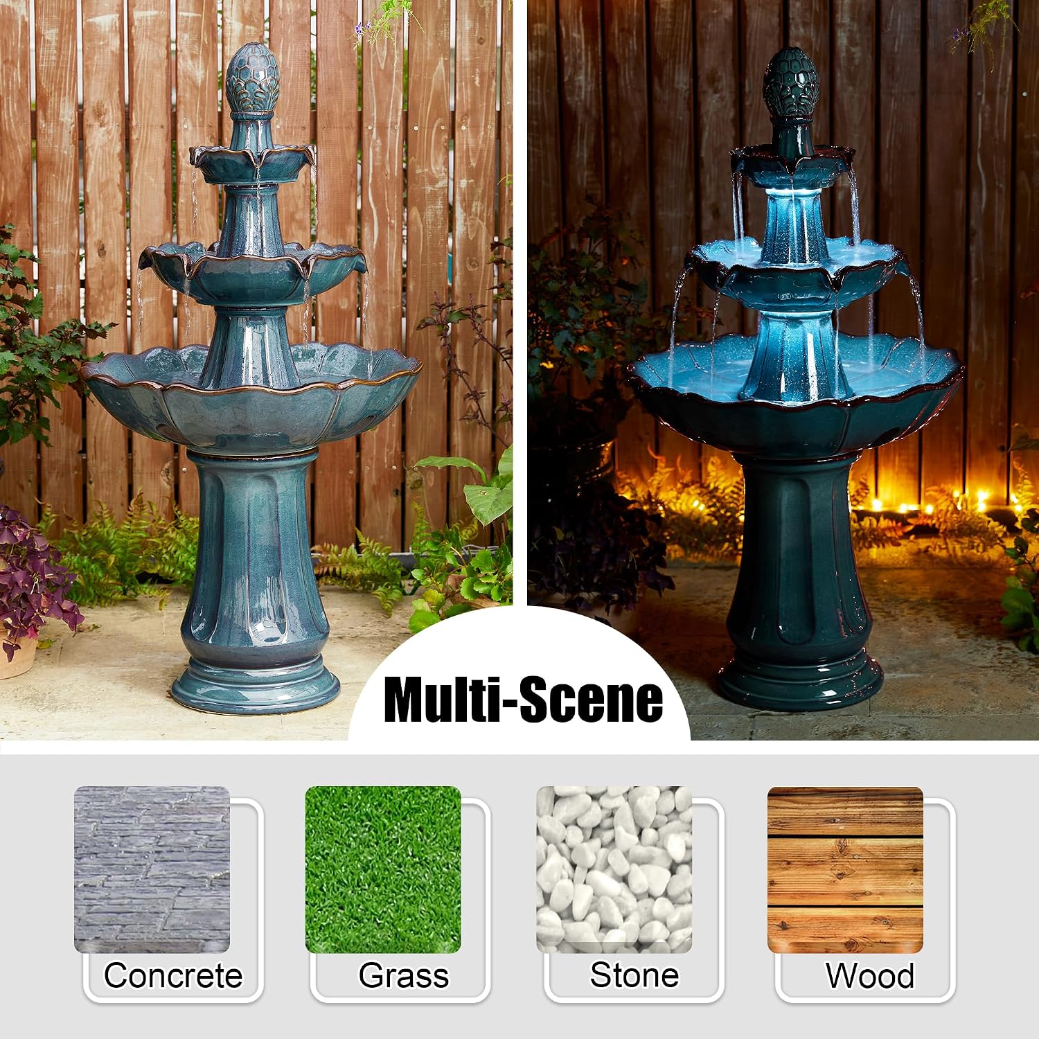 Glitzhome Outdoor 3 Tier Pedestal Fountain with LED Light & Pump - 45.25' H, Ceramic Turquoise Water Fountains Waterfall Large Floor-Standing Garden Fountain for Patio, Lawn, Backyard