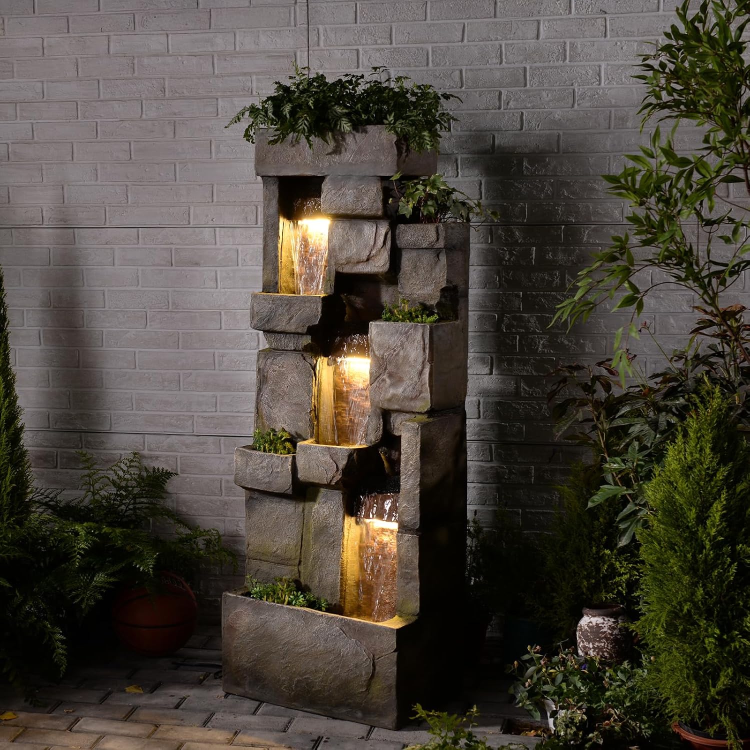 Tall Water Wall Fountain Outdoor with LED Lights, 56.3' Large Resin Cascading Waterfall Feature with Planter Design for Garden Patio Backyard Décor, Large Outdoor Fountain
