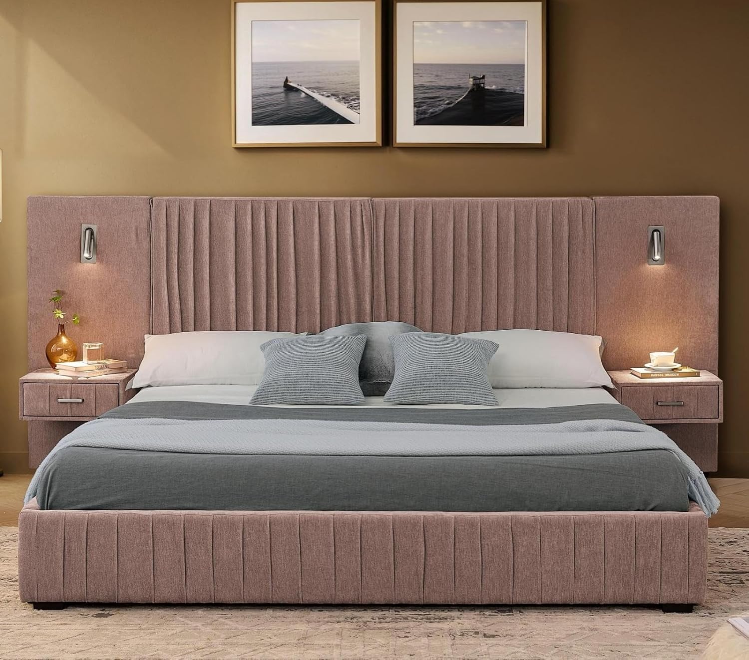 KEIKI Queen Size Chenille Bed Frame with 2 Nightstands, Lamps & Oversize Headboard, Solid Wood Frame Platform Night Stand Bedroom Set, Upholstered Floor Grounded Bed, No Box Spring Needed, Pink