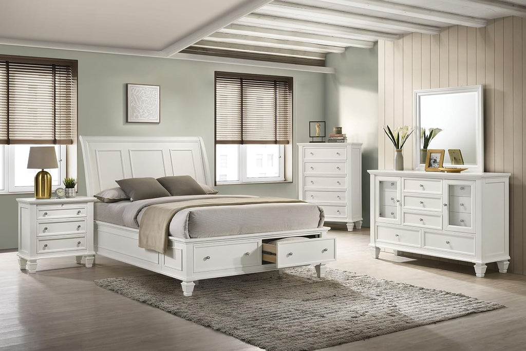 Coaster Home Furnishings Sandy Beach Coastal 5-Piece Bedroom Set Queen Size Storage Panel Bed Frame 57-inch Headboard Cream White 201309Q-S5