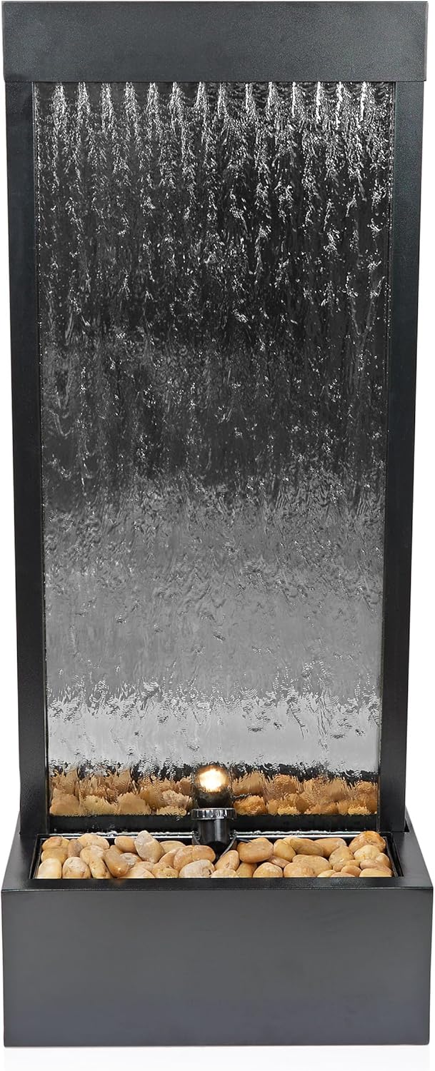 Alpine Corporation - Mirror Waterfall Fountain with Stones & Lights - Zen Indoor/Outdoor Decor for Office, Living Room, Patio, Entryway - 48 Inches (Silver)