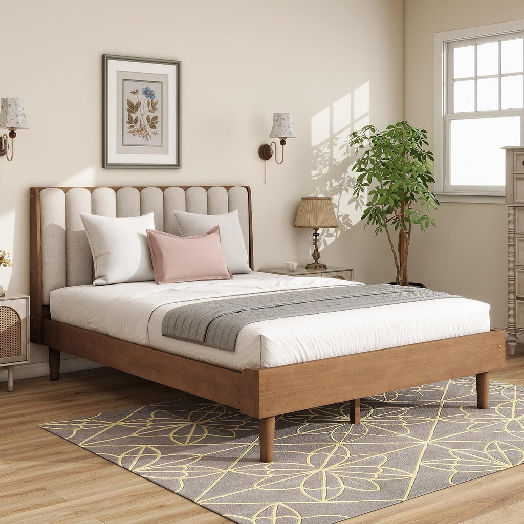 JIVOIT Queen Size Platform Bed with Piano Key Style Upholstered Headboard, Wood Bed with Strengthened Bed Frame, Wood Slats Support, No Box Spring Needed