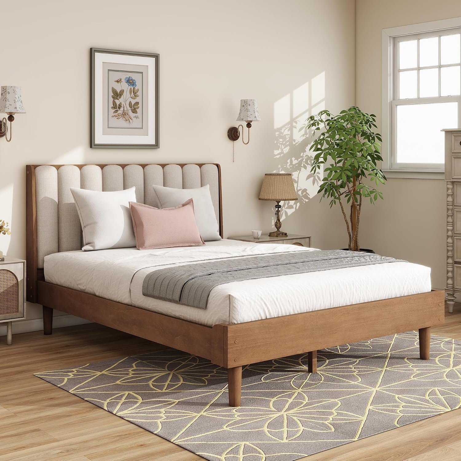 JIVOIT Queen Size Platform Bed with Piano Key Style Upholstered Headboard, Wood Bed with Strengthened Bed Frame, Wood Slats Support, No Box Spring Needed