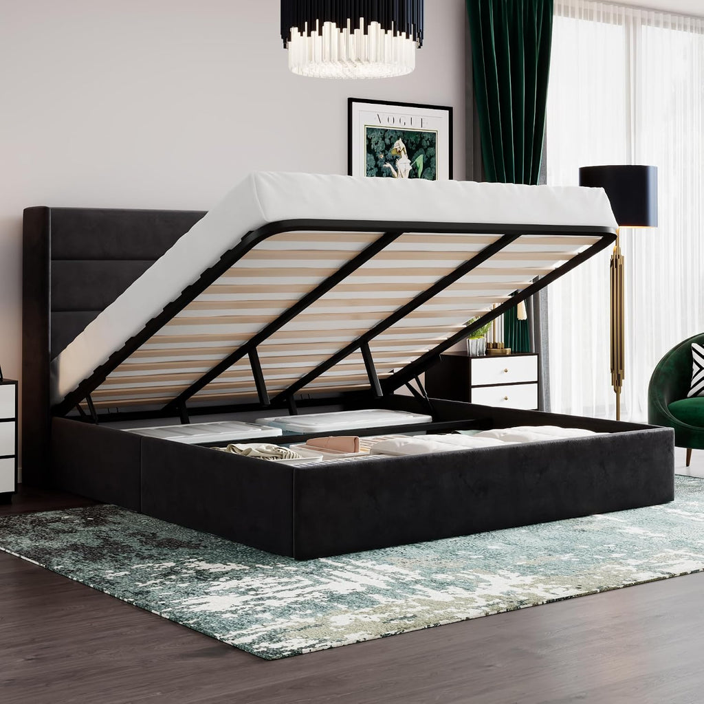 SHA CERLIN King Size Lift Up Storage Bed/Velvet Upholstered/Modern Wingback Headboard/Upholstered Platform Bed Frame/Hydraulic Storage/No Box Spring Needed/Black