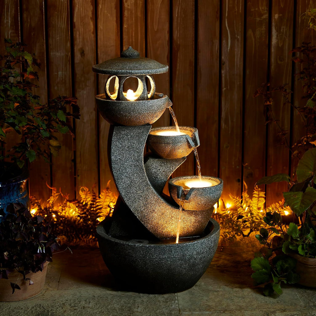 Glitzhome Pagoda Outdoor Water Fountain with LED Light, 4-Tier Oversized Cascading Stacked Stone Waterfall Fountains, Natural Stone Look Outdoor Fountain for Garden Patio Porch, 32'H