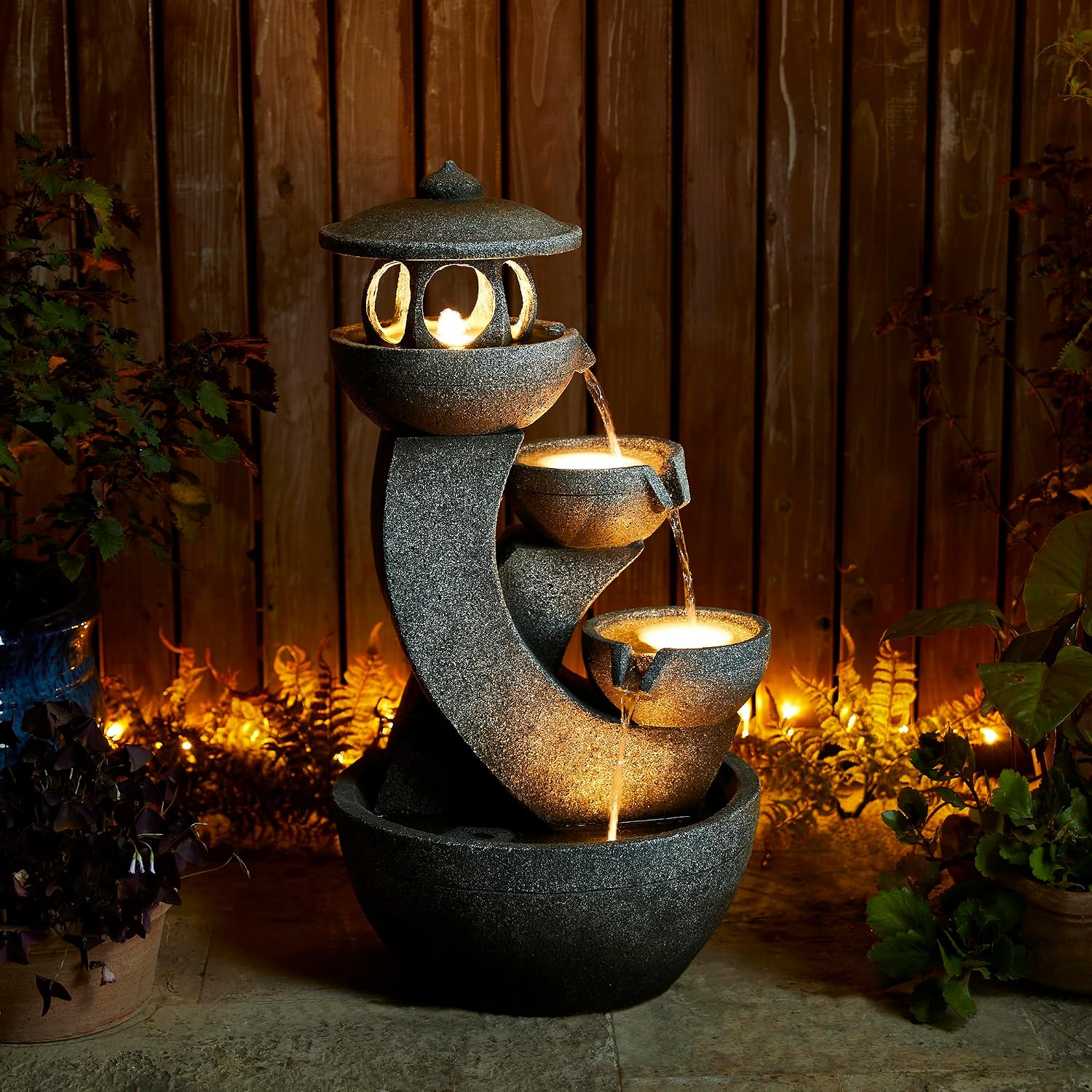Glitzhome Pagoda Outdoor Water Fountain with LED Light, 4-Tier Oversized Cascading Stacked Stone Waterfall Fountains, Natural Stone Look Outdoor Fountain for Garden Patio Porch, 32'H