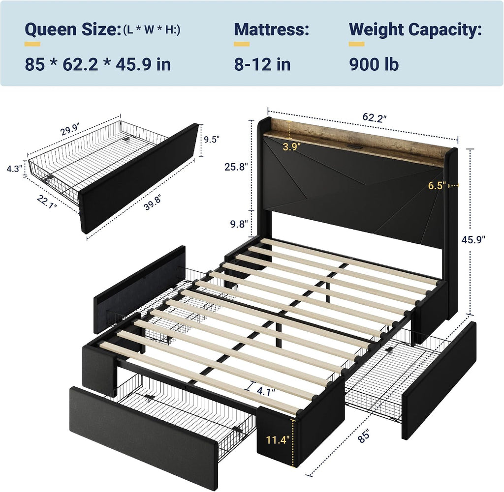 Allewie Queen Size Velvet Bed Frame with 3 Storage Drawers, Upholstered Platform Bed with Wingback Storage Headboard and USB Ports, No Box Spring Needed, Easy Assembly, Black