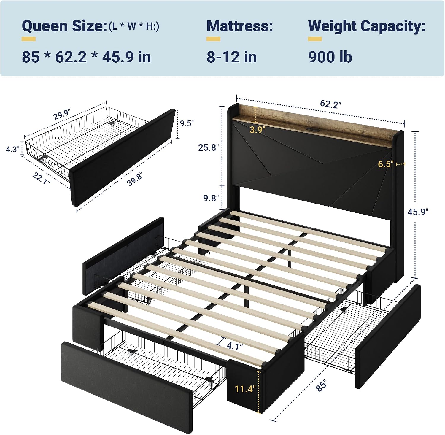 Allewie Queen Size Velvet Bed Frame with 3 Storage Drawers, Upholstered Platform Bed with Wingback Storage Headboard and USB Ports, No Box Spring Needed, Easy Assembly, Black