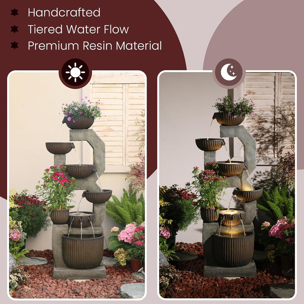 Bumilgar 57'' H Tall Large Outdoor Water Fountain with Planter, 6-Tier Cascading Bowl Water Fountain with LED Lights, Resin Garden Water Feature for Patio, Backyard, Deck, Porch and Yard Décor