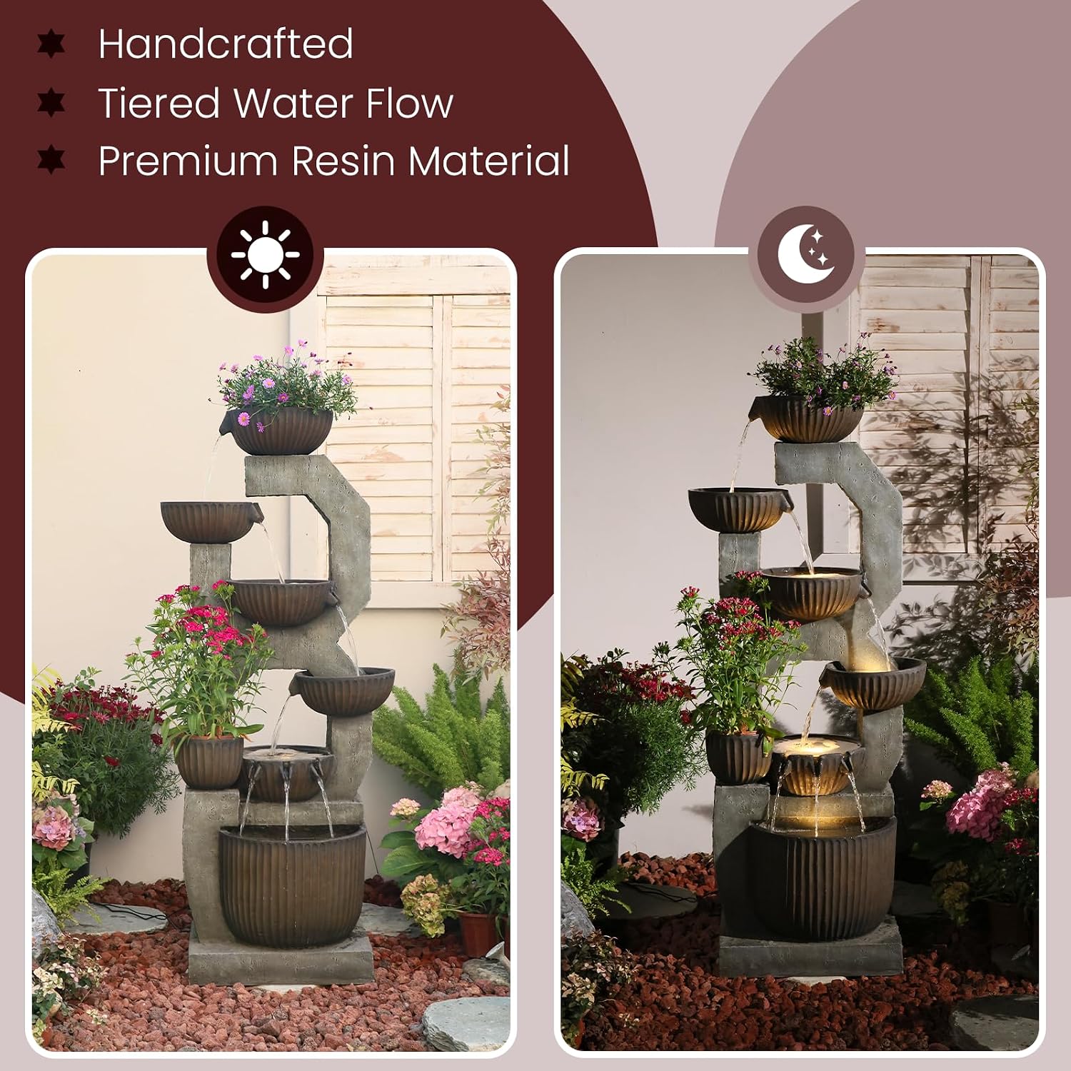 Bumilgar 57'' H Tall Large Outdoor Water Fountain with Planter, 6-Tier Cascading Bowl Water Fountain with LED Lights, Resin Garden Water Feature for Patio, Backyard, Deck, Porch and Yard Décor
