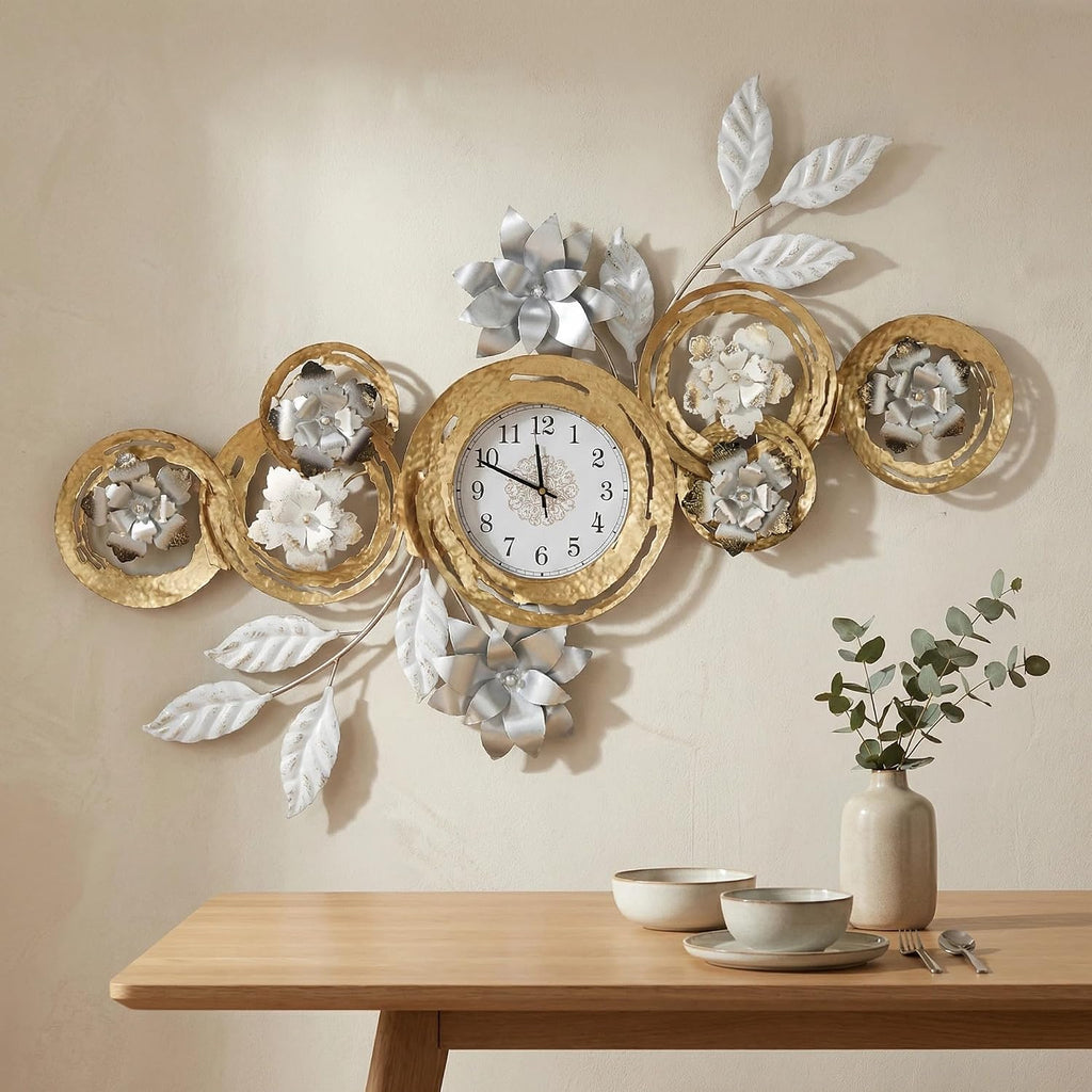 Large 3D Metal Wall Decor Vintage Gold Abstract Circular Exquisite Clocks And Black And White Gradient Metal Floral Wall Art Are Suitable For Aesthetic In Living rooms Bedrooms Kitchens And Offices