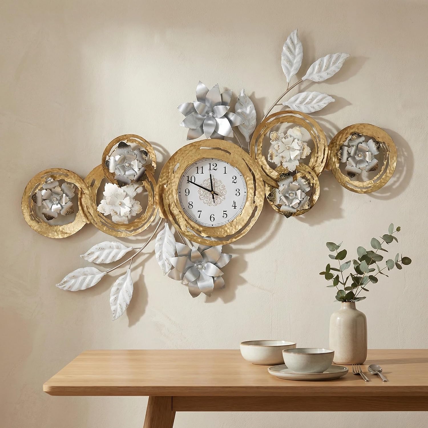Large 3D Metal Wall Decor Vintage Gold Abstract Circular Exquisite Clocks And Black And White Gradient Metal Floral Wall Art Are Suitable For Aesthetic In Living rooms Bedrooms Kitchens And Offices