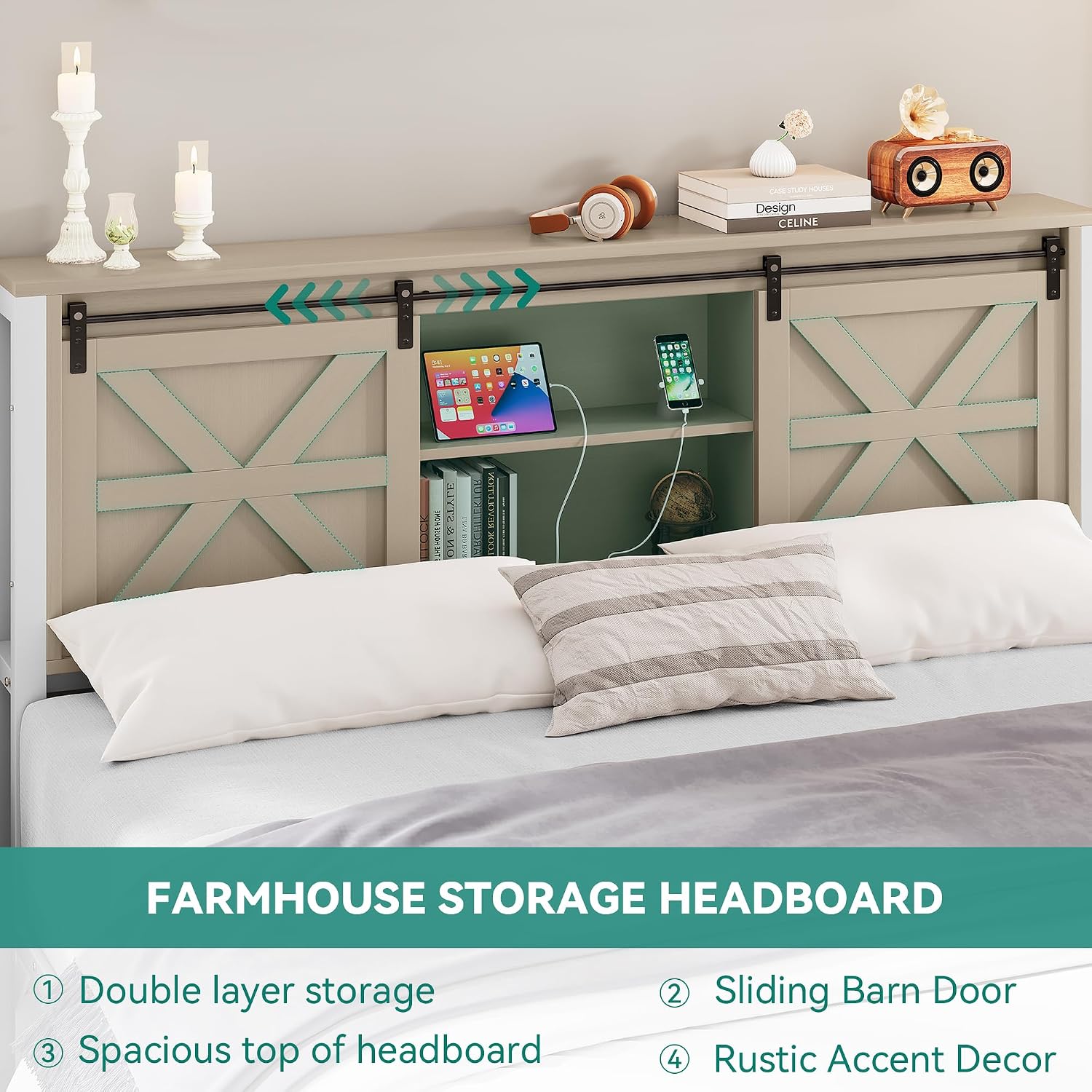 YITAHOME Farmhouse Queen Size Bed Frame with Headboard, Bookcase Shelves, Sliding Barn Door, Charging Station, Rustic Wood Platform Bed, No Box Spring Needed, Oak