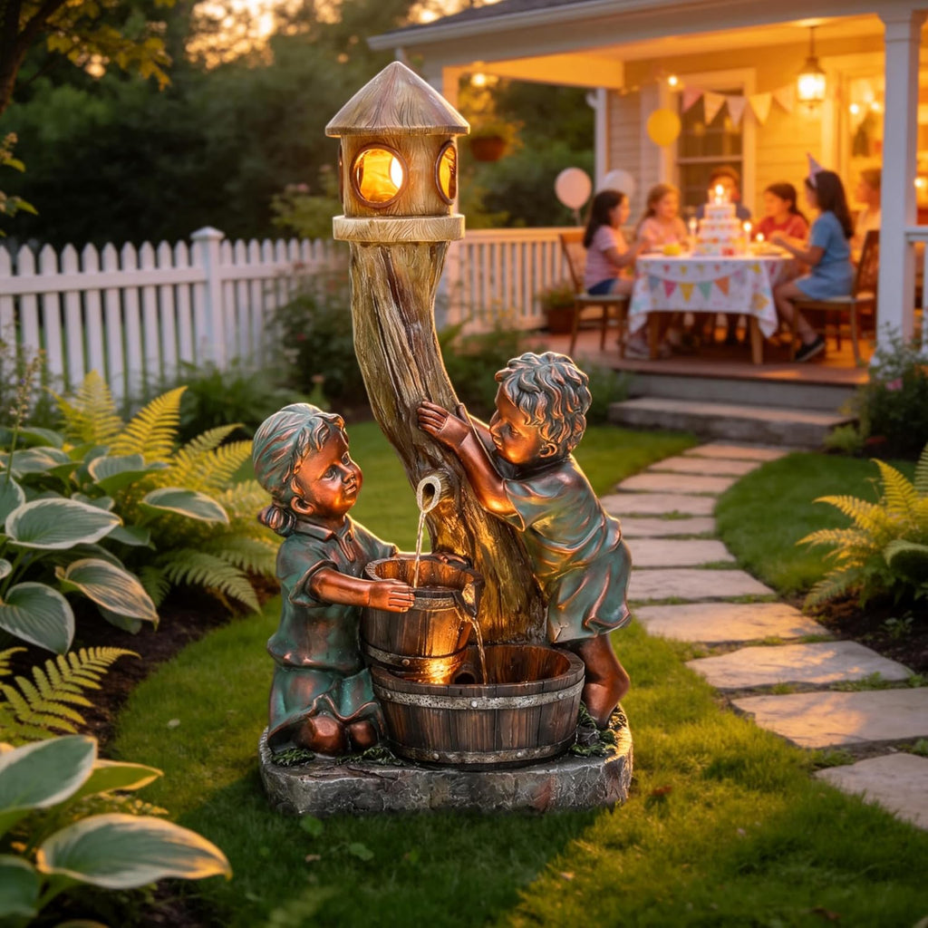 31' H Boy & Girl Outdoor Water Fountain with LED Lights, Faux Bronze Resin Statue Fountain, Wood Barrel & Pagoda Design, 3-Tier Cascading Waterfall for Serene Patio, Yard and Porch