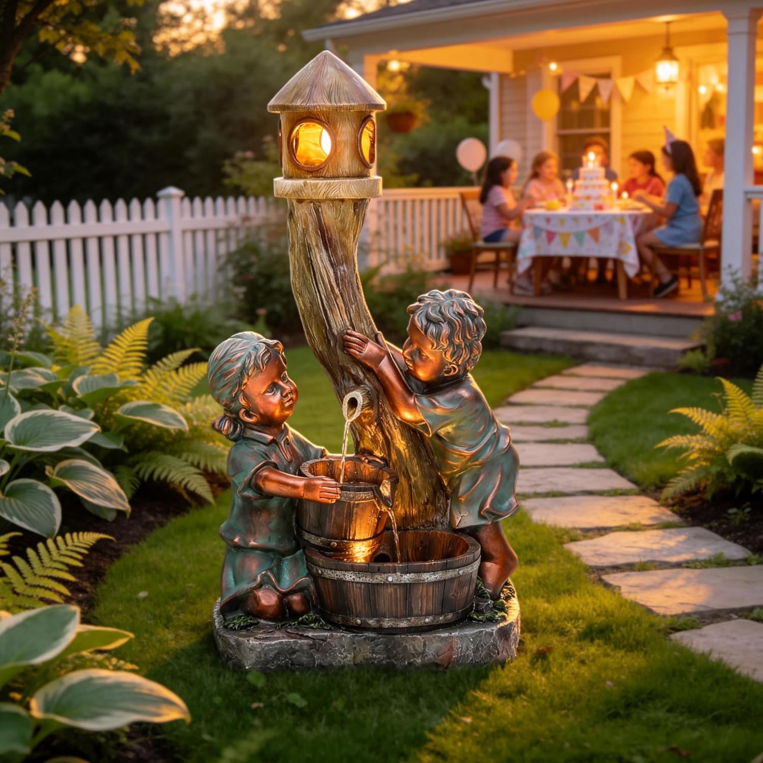 31' H Boy & Girl Outdoor Water Fountain with LED Lights, Faux Bronze Resin Statue Fountain, Wood Barrel & Pagoda Design, 3-Tier Cascading Waterfall for Serene Patio, Yard and Porch