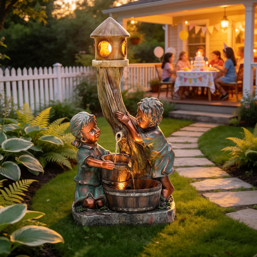 31' Boy & Girl Outdoor Water Fountain with LED Lights, Pagoda and Wood Barrel Garden Fountain, 3-Tier Cascading Waterfall for Tranquil Backyard, Patio or Porch, Faux Bronze Finish