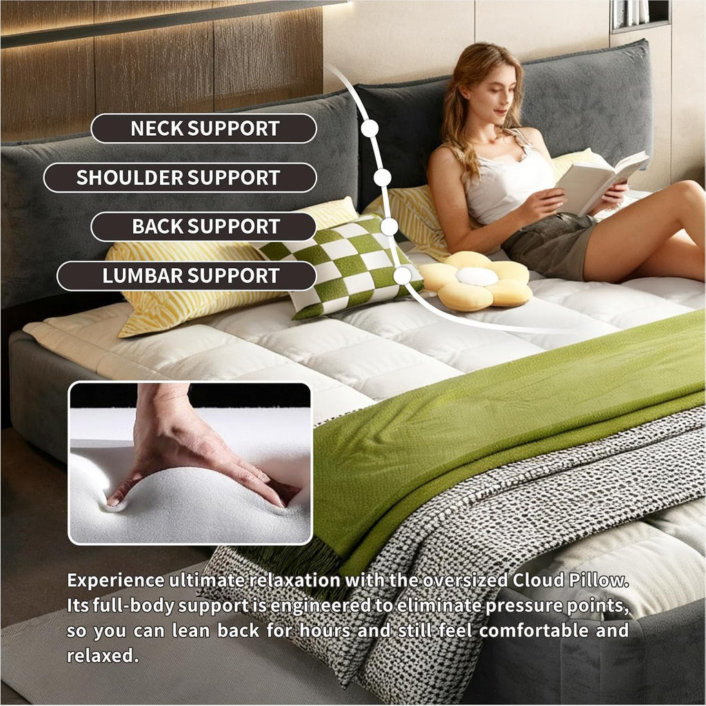 King Size Upholstered Platform Bed, Chenille Cloud Bed Frame with Oversized Padded Movable Headboard, Round Corner, Metal + Solid Wooden Slat Double Support, No Box Spring Needed (Dark Grey-65)