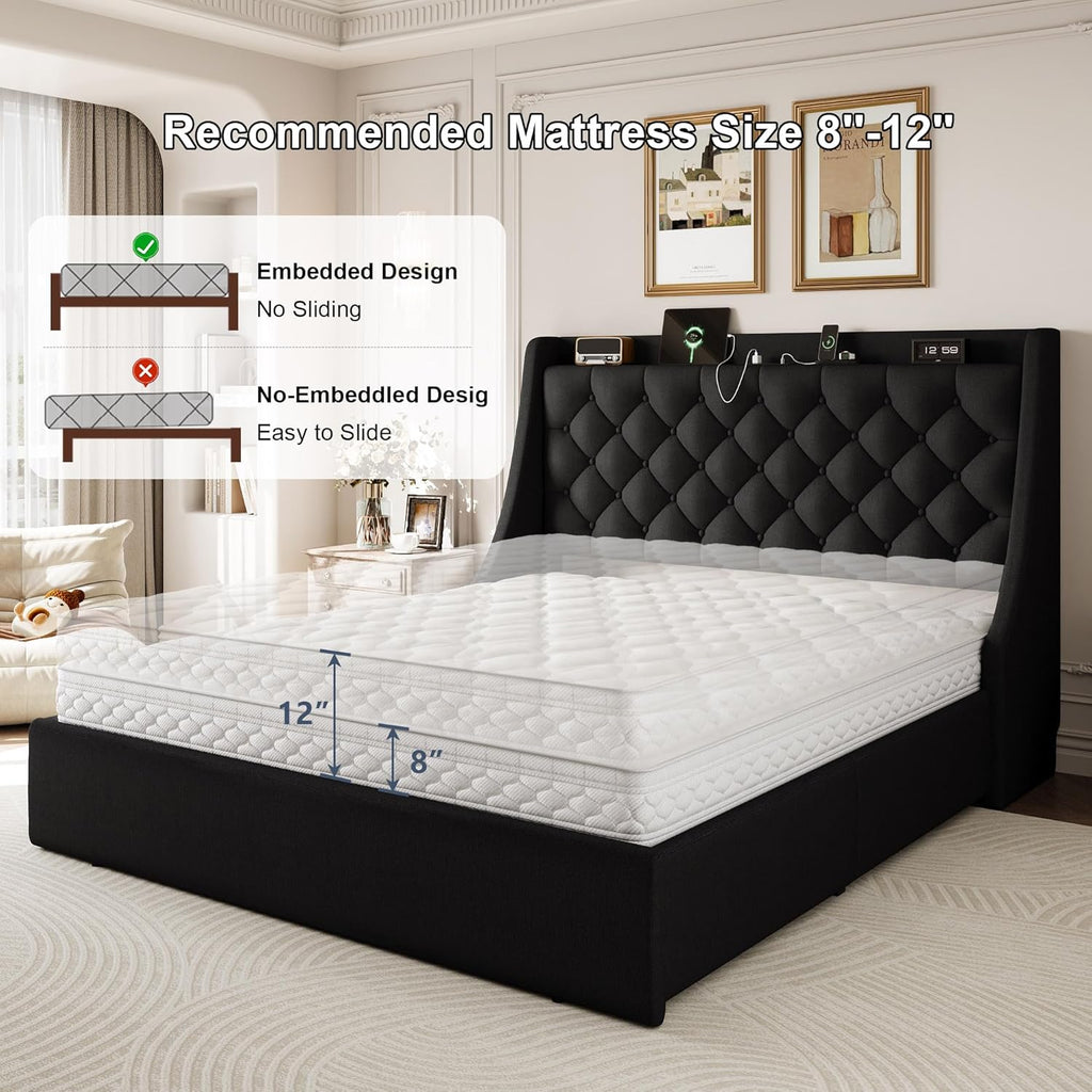Queen Size Upholstered Platform Bed Frame with 4 Storage Drawers and Charging Station, Linen Button Tufted Wingback Headboard, Sturdy Wooden Support Slats, No Box Spring Needed, Black