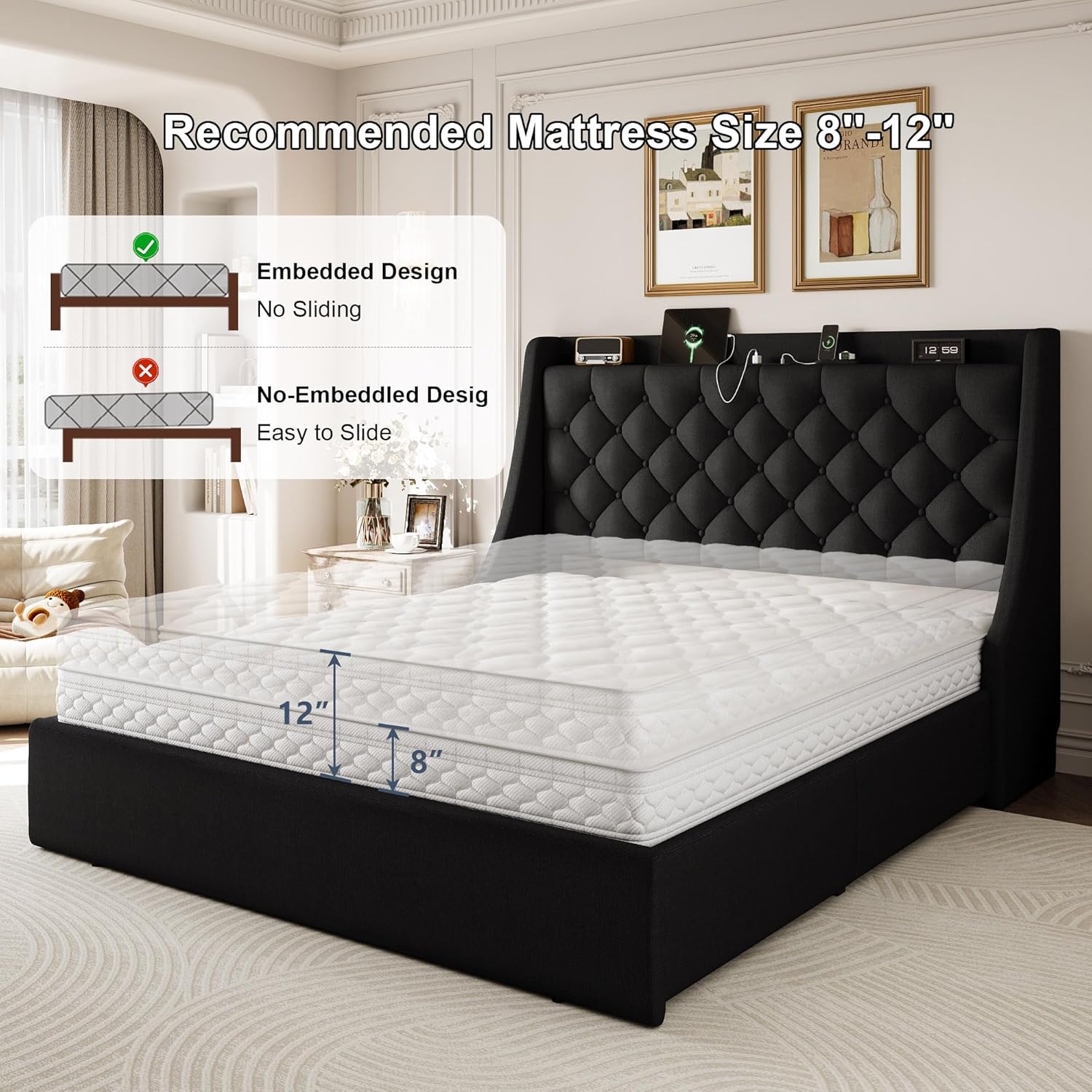 Queen Size Upholstered Platform Bed Frame with 4 Storage Drawers and Charging Station, Linen Button Tufted Wingback Headboard, Sturdy Wooden Support Slats, No Box Spring Needed, Black