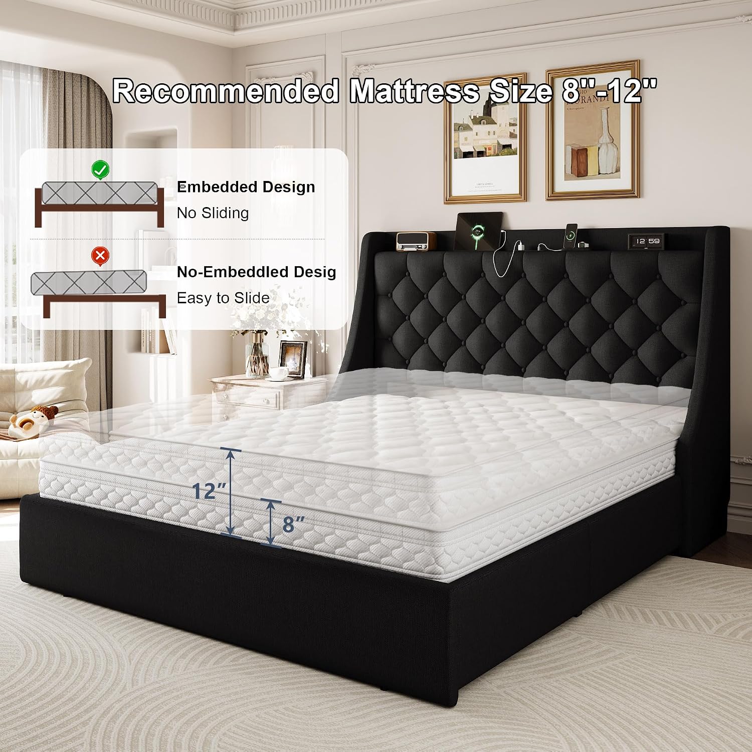 Full Size Bed Frame with 4 Storage Drawers & Charging Headboard, Linen Button Tufted Upholstered Platform Bedframe/w Wingback, Sturdy Wooden Support Slats, No Box Spring Needed, Black