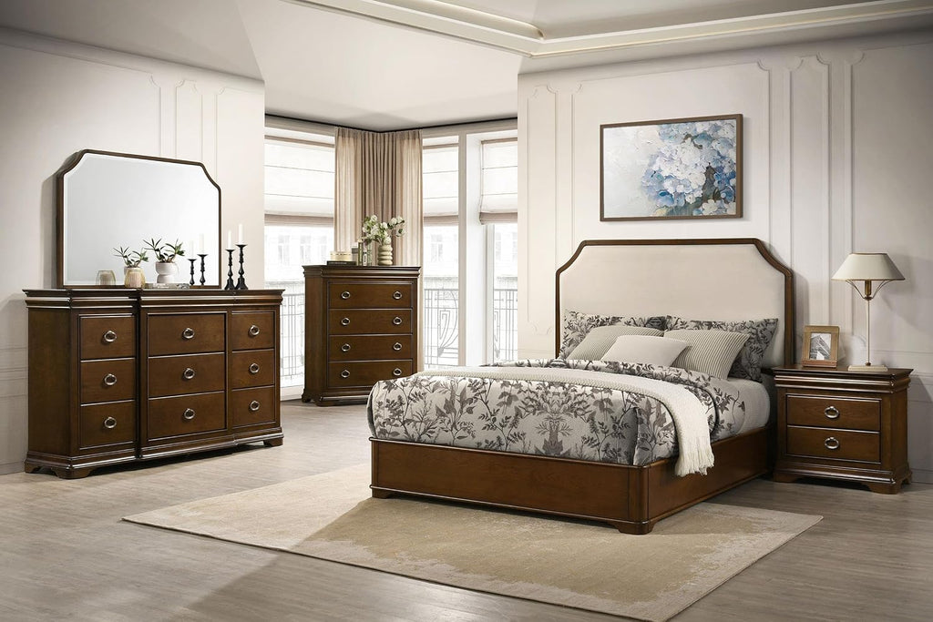 Coaster Home Furnishings - Garland - 5-Piece Bedroom Set with Wood Grain Detail, Cutaway Corners, Padded Headboard and Dual USB Ports - Bedroom - Queen Size - Brown Cherry - 205301Q-S5