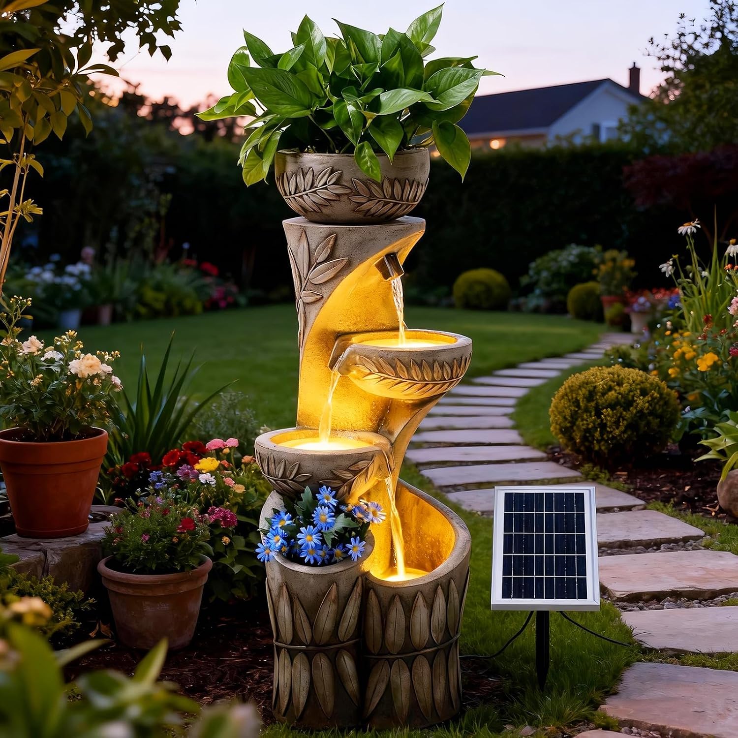 35.6' Solar Outdoor Water Fountain - Relief Leaf Design 4 Tiers Modern Cascading Bowls and Garden Fountains with Lights for Patio, Deck, Porch, Lawns, Backyard and Home Art Decor