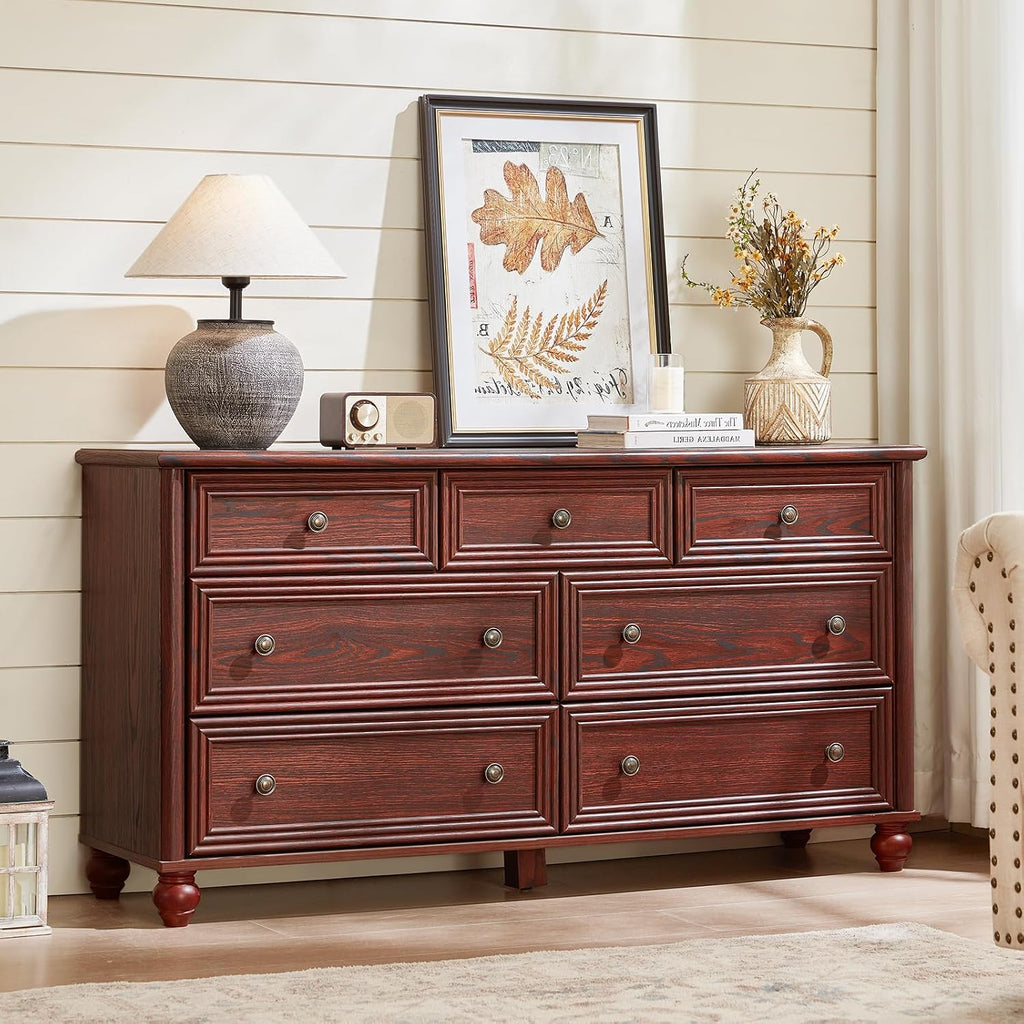 Farmhouse Dressers & Night Stand Set of 3, Wood 54' Wide 7 Drawer Dresser & 35.5'Tall Chest of Drawers, 18' with Charging Station Nightstand, Bedroom Furniture Dresser Set for Home Living Room Hallway