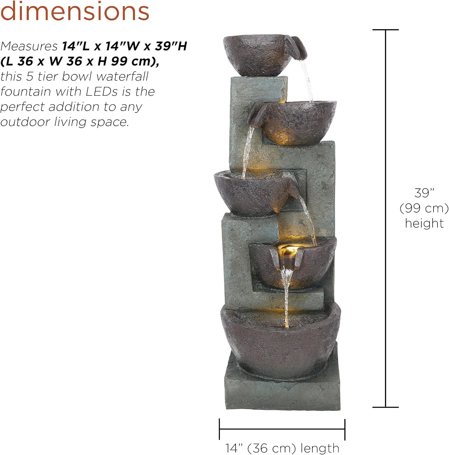 Alpine Corporation 39' Tall 5-Tier Bowls Waterfall Fountain with LED Lights, Elegant Outdoor Water Feature for Garden, Patio, Yard, Gray