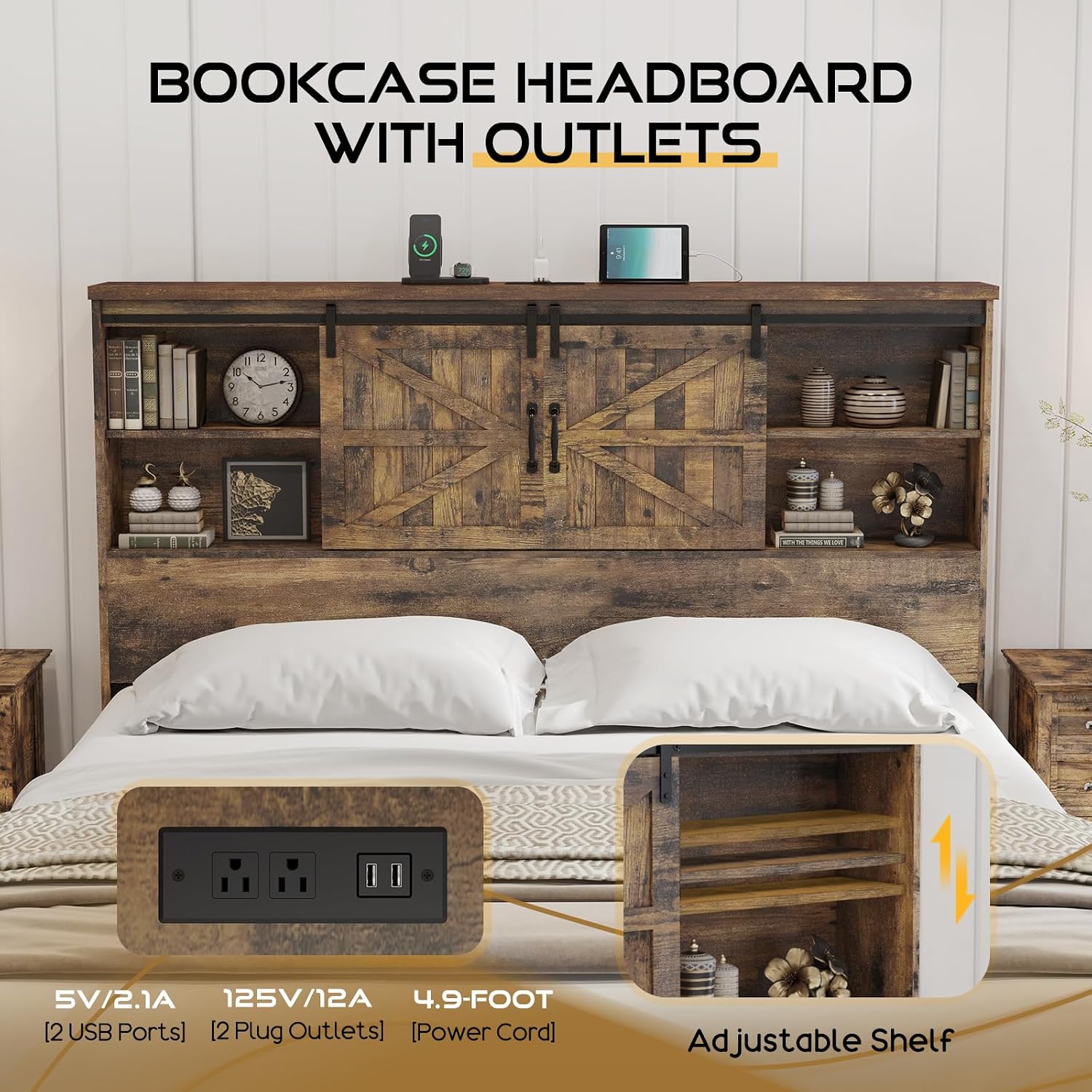 HOWE Farmhouse Full Size Bed Frame with 51.2' Bookcase Headboard, Wooden Platform Bed with 2 Drawers, Sliding Barn Door Dec, Storage Bed with Charging Station, No Box Spring Needed, Rustic Brown