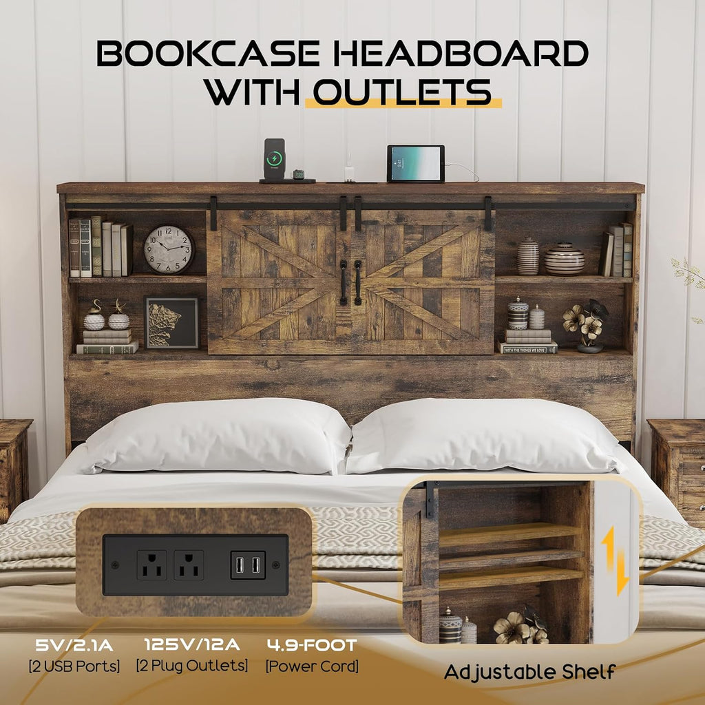 HOWE Farmhouse Queen Size Bed Frame with 51.2' Bookcase Headboard, Wooden Platform Bed with 2 Drawers, Sliding Barn Door Dec, Storage Bed with Charging Station, No Box Spring Needed, Rustic Brown