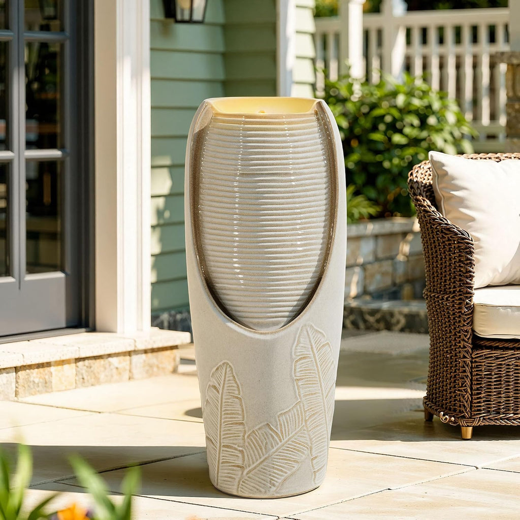 32' H Outdoor Garden Fountain with LED Lights, Modern Ceramic Jar Water Feature, Tropical Leaf Embossed Pattern, Beige Glaze, Soothing Cascading Waterfall for Patio, Yard, Porch