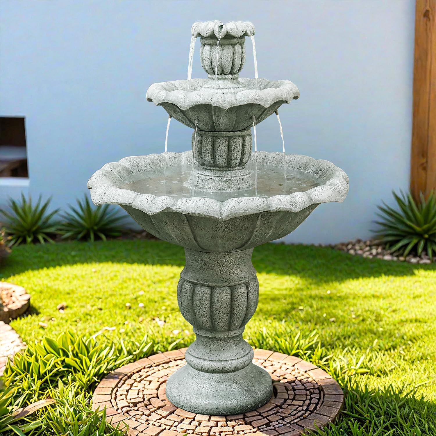 SunJet 39.3' High Modern Concrete Outdoor Water Fountain - 3 Tiered Large Floor Water Fountain and Waterfalls with Electric Pump for Garden, Patio, Yard, and Deck Decor, Featuring Natural Stone Look
