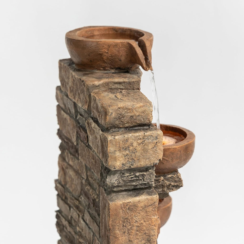 Teamson Home 28.5' Outdoor 4-Tier Stacked Stone Cascading Water Fountain with LED Lights, Brown