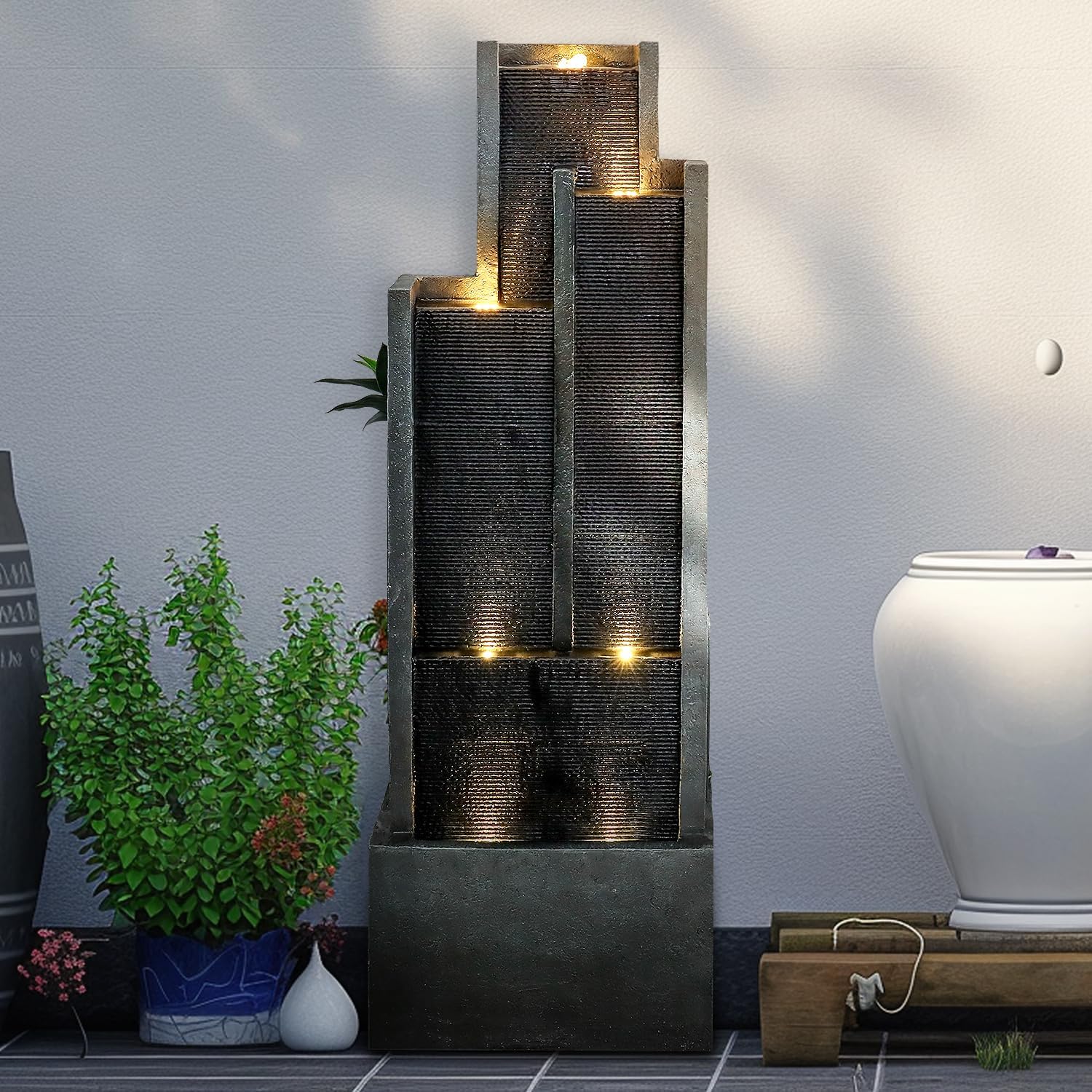 SunJet 5-Tiers Indoor/Outdoor Garden Water Fountain - 50.7inches Modern Floor-Standing Cascading Water Feature - Suitable for Deck, Patio, Porch, Yard Decor