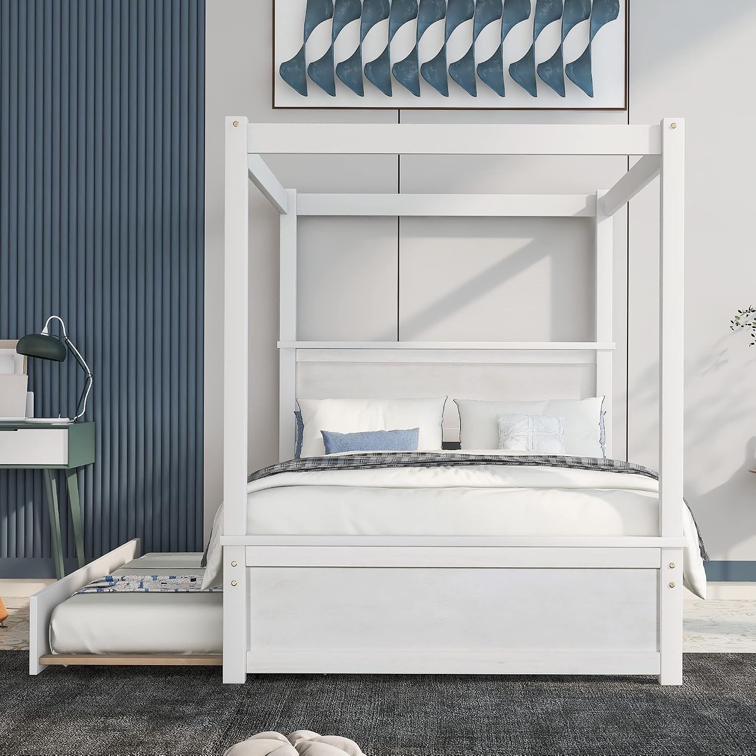 Harper & Bright Designs Wood Canopy Bed with Trundle Bed,Full Size Canopy Platform Bed with Support Slats .No Box Spring Needed, Brushed White