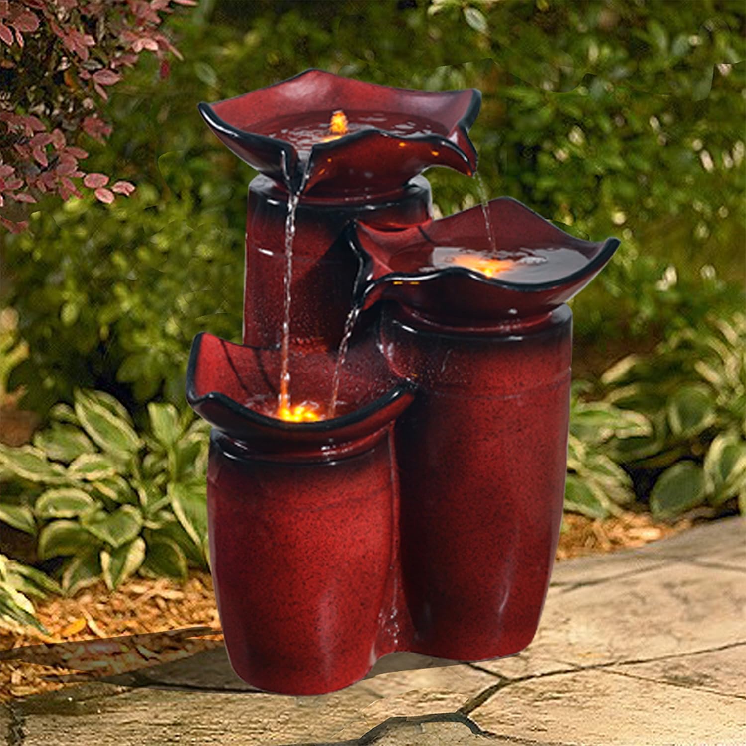 Teamson Home 3 Tiered Floor Water Glazed Pots Fountain with LED Lights and Pump for Outdoor Patio Garden Backyard Decking Décor, 20 inch Height, Gradient Red