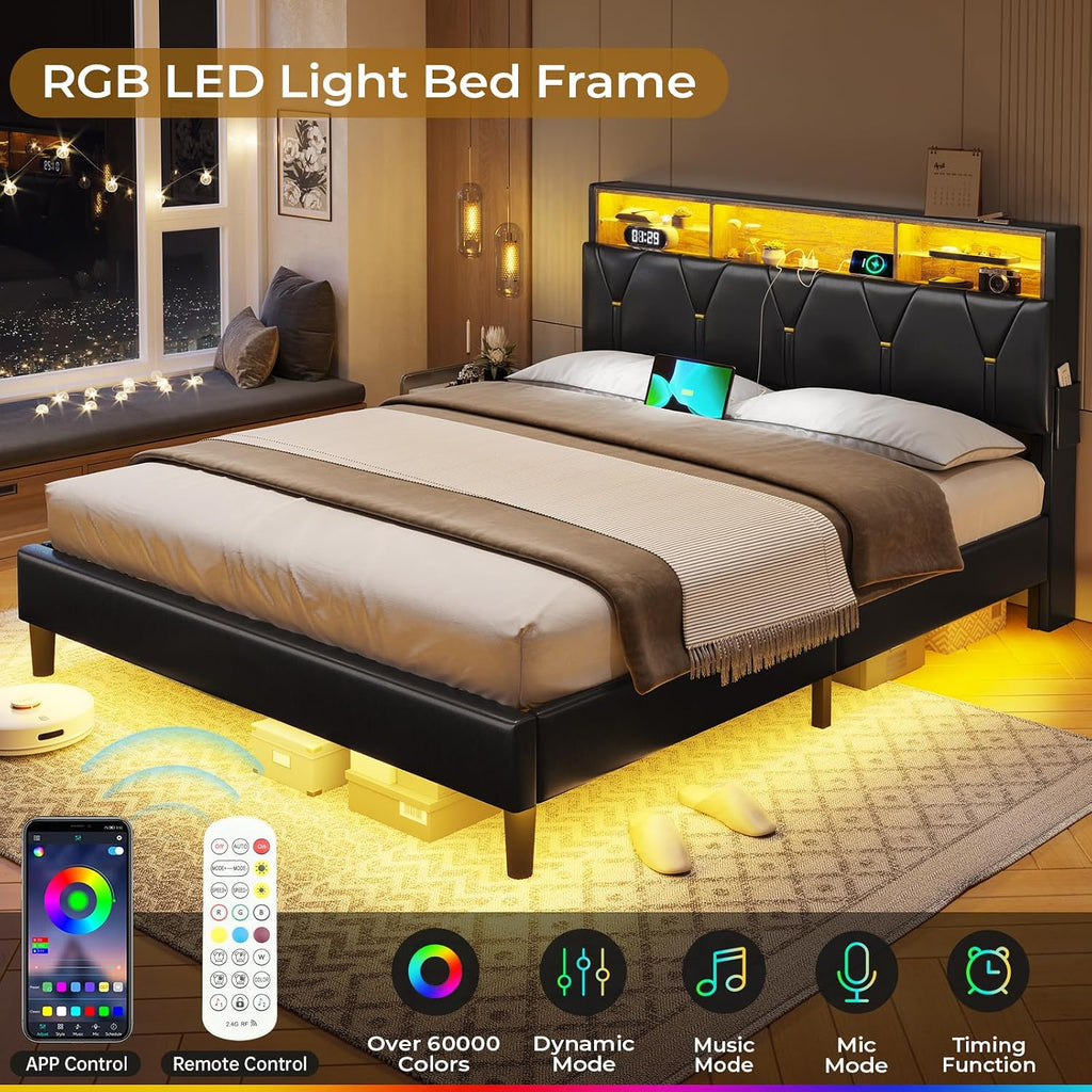 BTHFST Queen Bed Frame with LED Lights & Charging Station,LED Bed Frame Queen Size with Storage Shelf Headboard,Faux Leather Upholstered Bed, Black PU