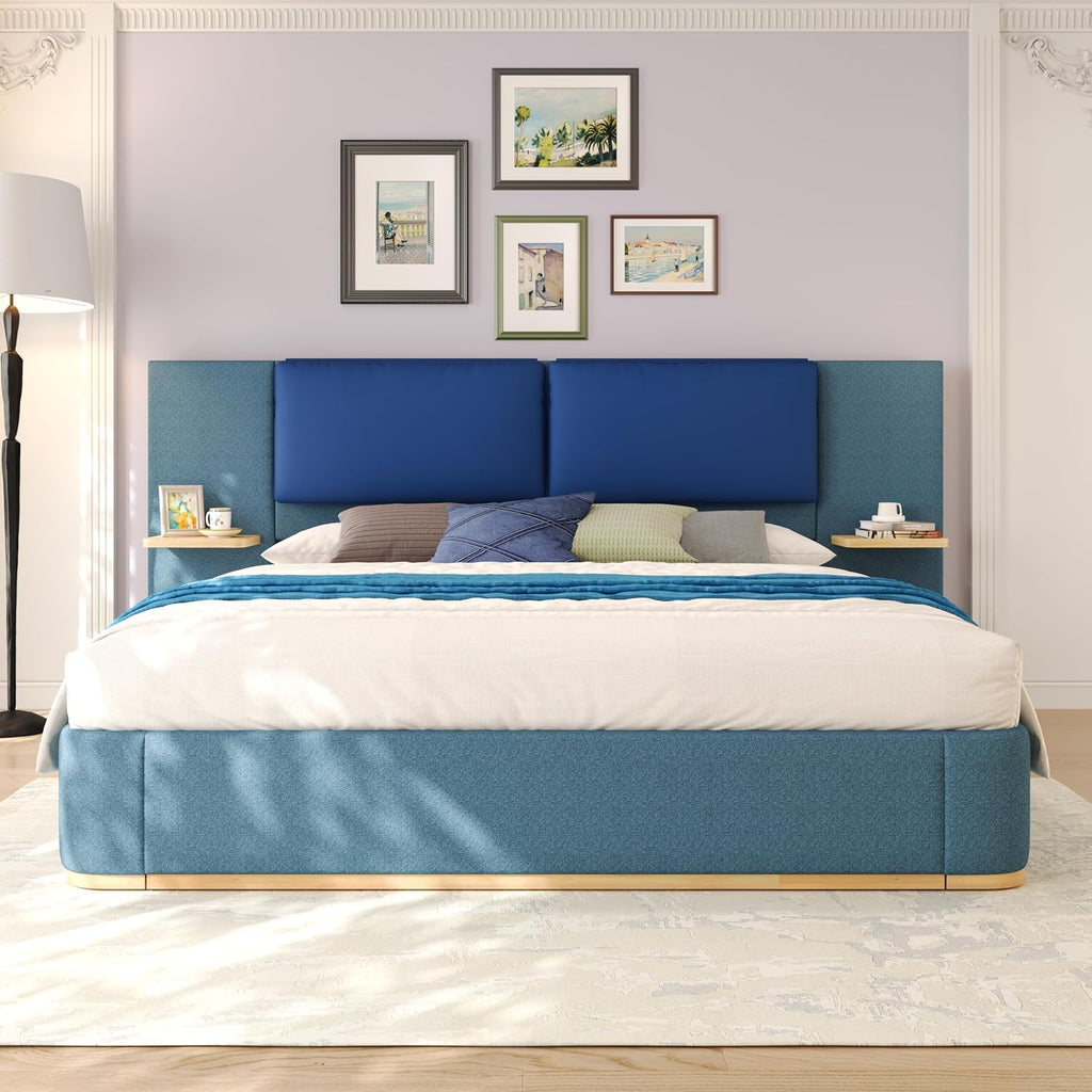 Merax Queen Size Bed Frame, Linen Upholstered Platform Bed with Large PU Leather Headboard and Shelf, Modern Bedroom Furniture & Solid Wood Slats Support, No Box Spring Needed, Easy Assembly, Blue