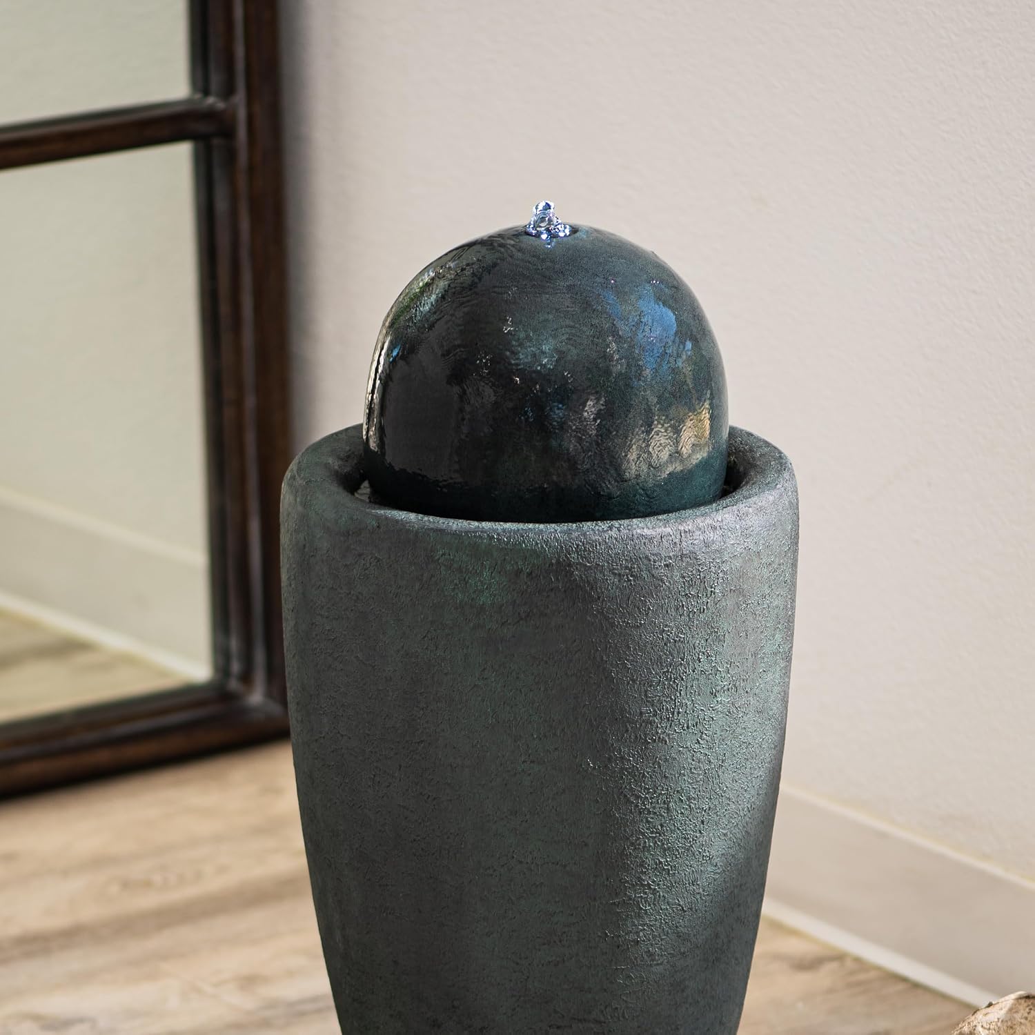 XBrand 25.98' Modern Sphere Water Fountain with LED Light – Indoor Outdoor Stone Texture Floor Fountain, Zen Bubbling Ball Water Feature for Garden Patio Porch - Dark Green