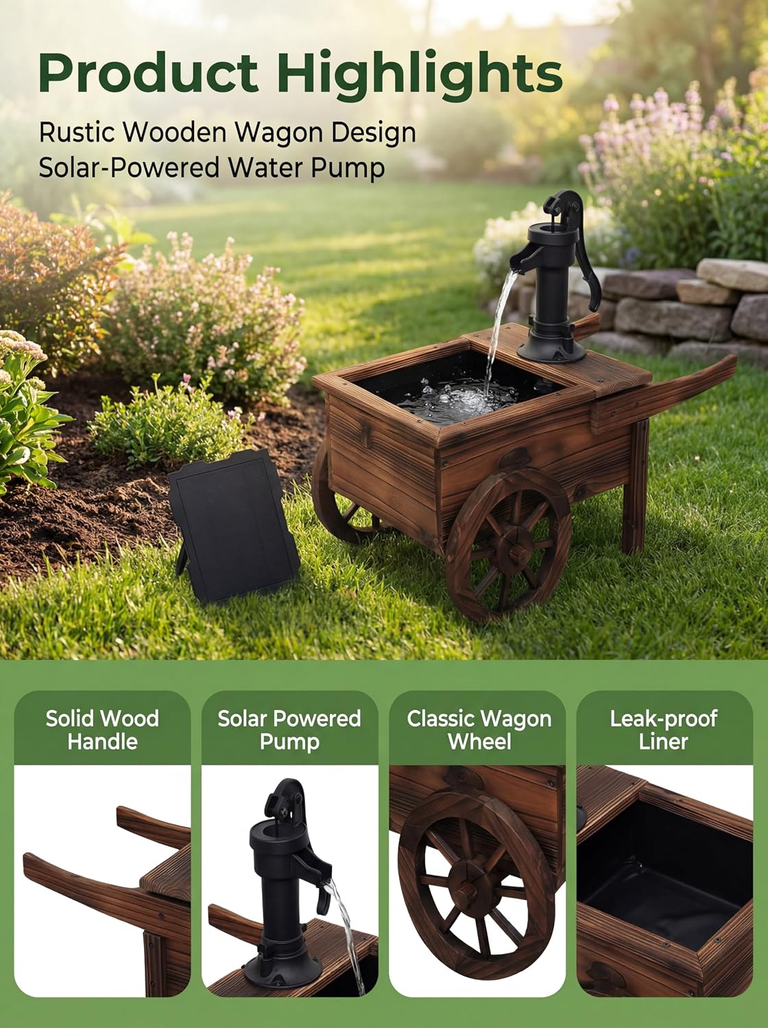 Carbonized Wood Outdoor Freestanding Fountain - Movable Vintage Hand Pump Cart, Solar-Powered Electric Decorative Water Feature for Patio, Garden & Indoor Decoration