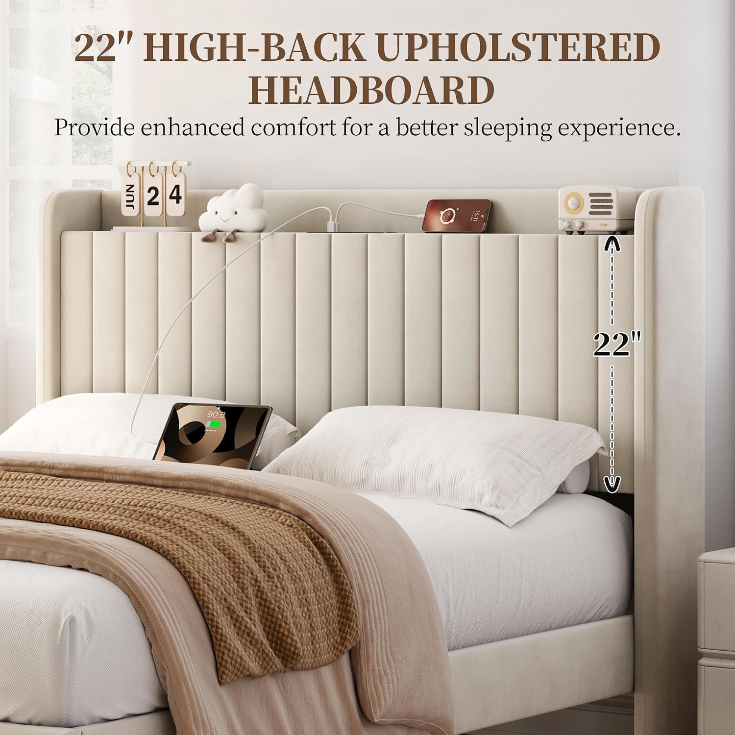 Yaheetech Queen Bed Frame with USB Charging Station and Storage Shelf/Upholstered Headboard Platform Bed with Wing Side/Wooden Slats Support/Noise Free/No Box Spring Needed/Easy Assembly, Cool Beige