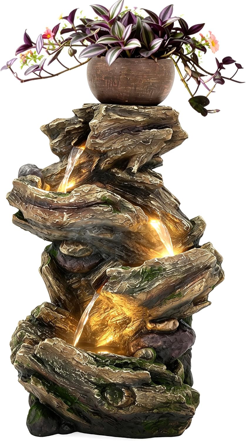 33' Rustic Tree Trunk Outdoor Water Fountain with Planters, Handcrafted 5-Tier Cascading Water Feature with Moss & LED Lights, Relaxing Tranquil Decor for Garden Yard Patio Porch