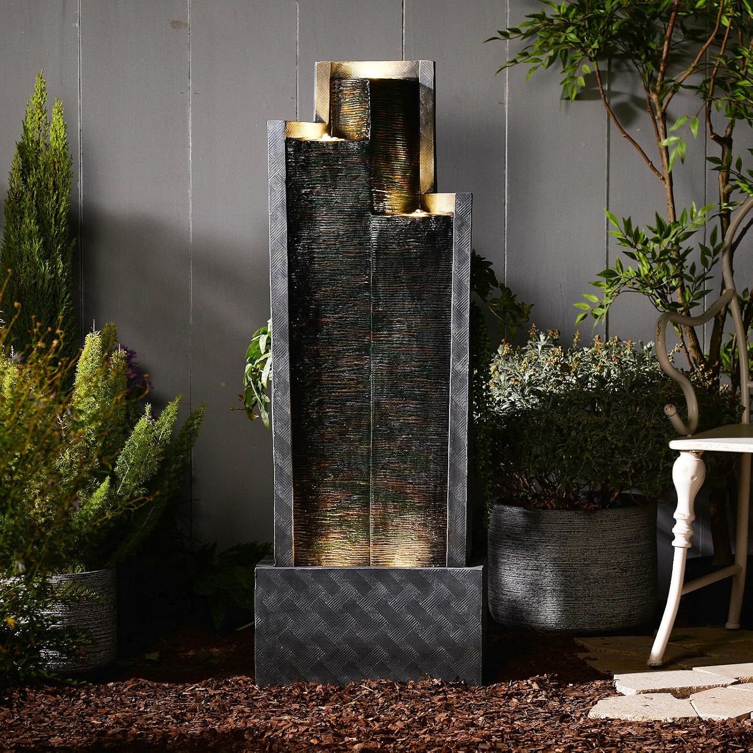 49.6' H Garden Fountains Outdoor Modern Cascading Indoor Water Fountain Tall Floor - Standing Fountain with Lights for Garden, Patio, Yard, Deck and Home Art Decor