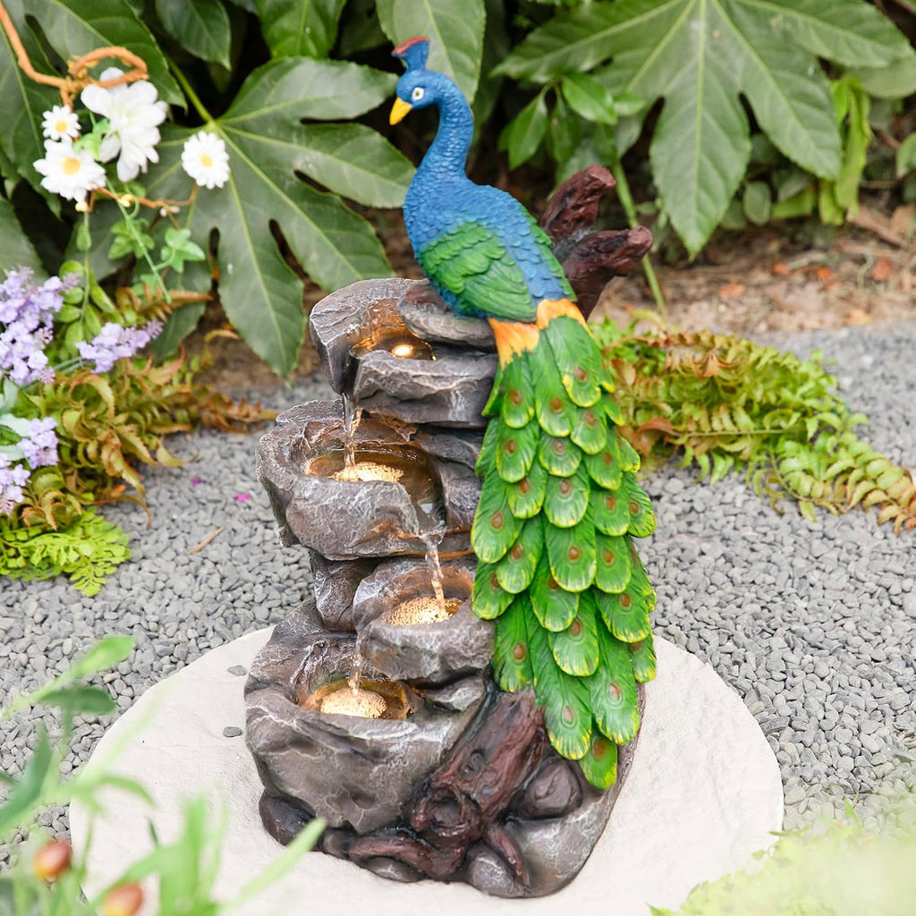 Glitzhome Outdoor Water Fountain with Lights, 4-Tierd Peacock W/Stacked Stone Outdoor Fountain, 20.5' H Polyresin Decorative Waterfall Feature Garden Fountain with Pump for Garden, Patio, Porch