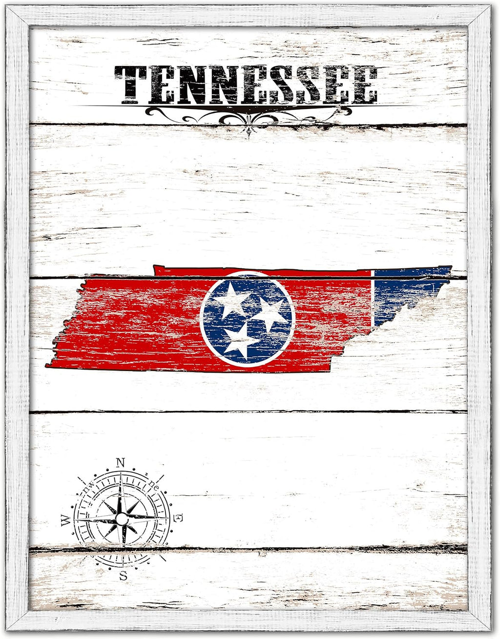 Tennessee State Map Flag Cottage Shabby Chic Gifts Home Decor Wall Art Canvas Print, White Wash Wood Frame, 22' x 29'