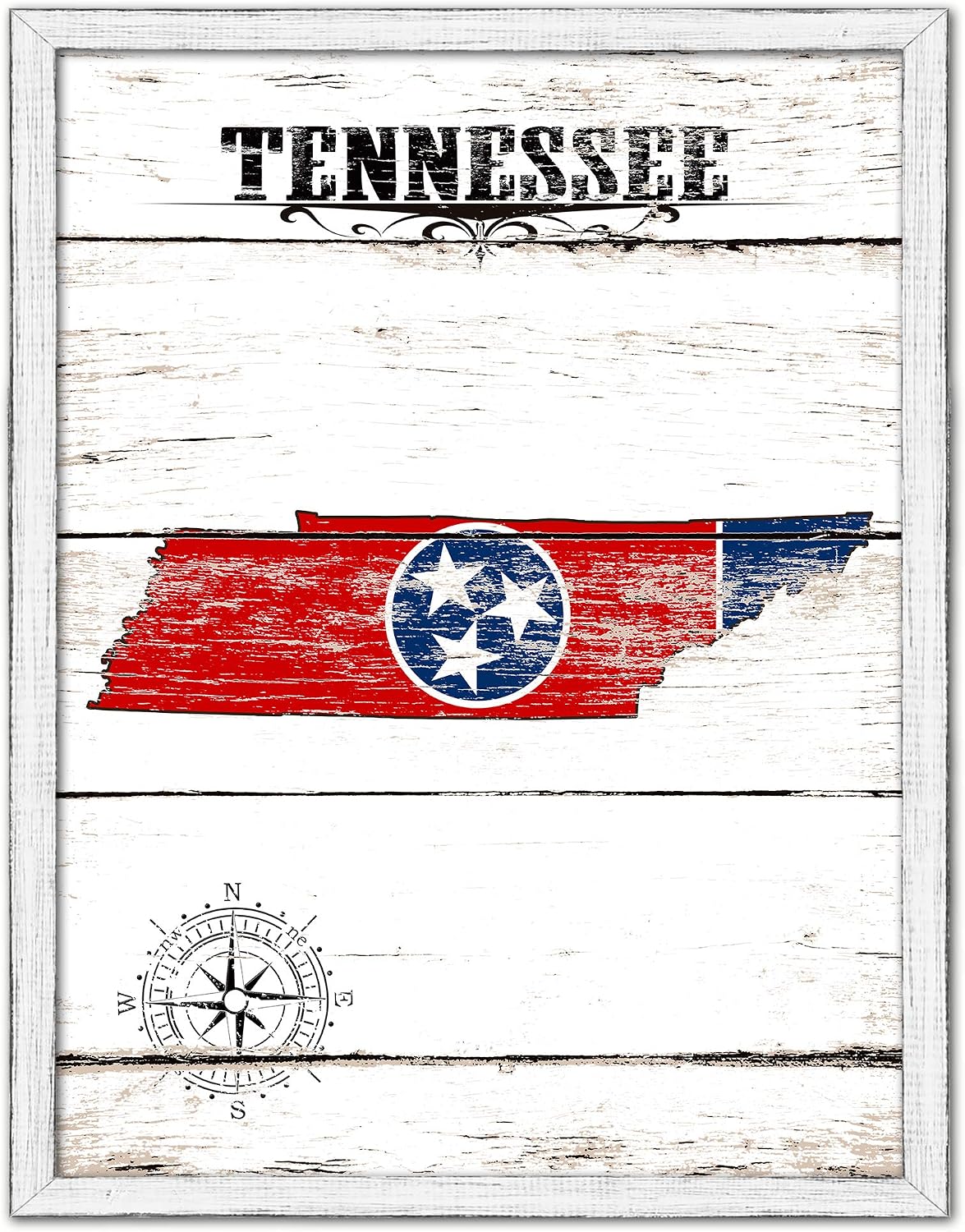 Tennessee State Map Flag Cottage Shabby Chic Gifts Home Decor Wall Art Canvas Print, White Wash Wood Frame, 22' x 29'