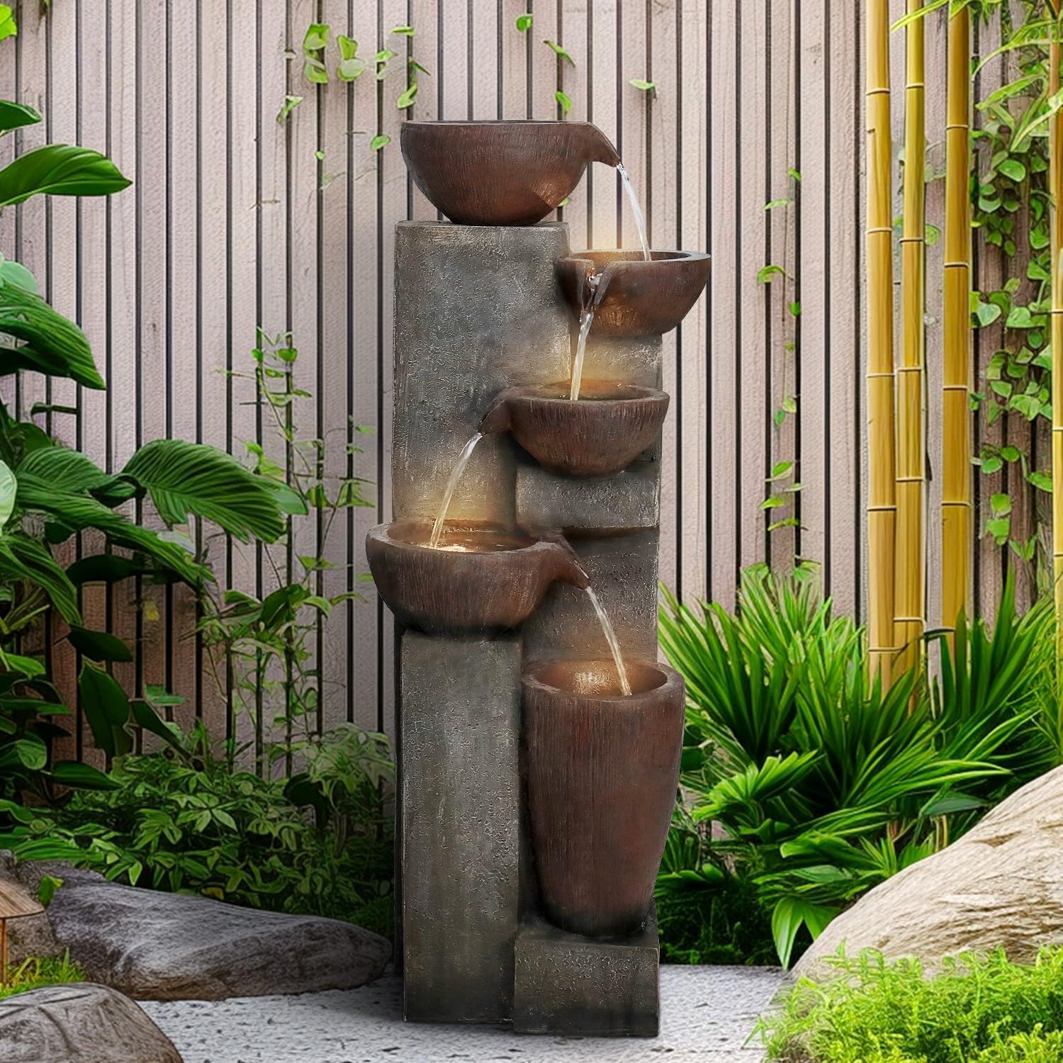 SunJet 5-Tier Cascading Indoor/Outdoor Water Fountain with LED Lights - 39.7' High Large Waterfall Floor Standing Fountain for Garden, Patio, Yard, and Deck Decor - Relaxing Outdoor Water Feature